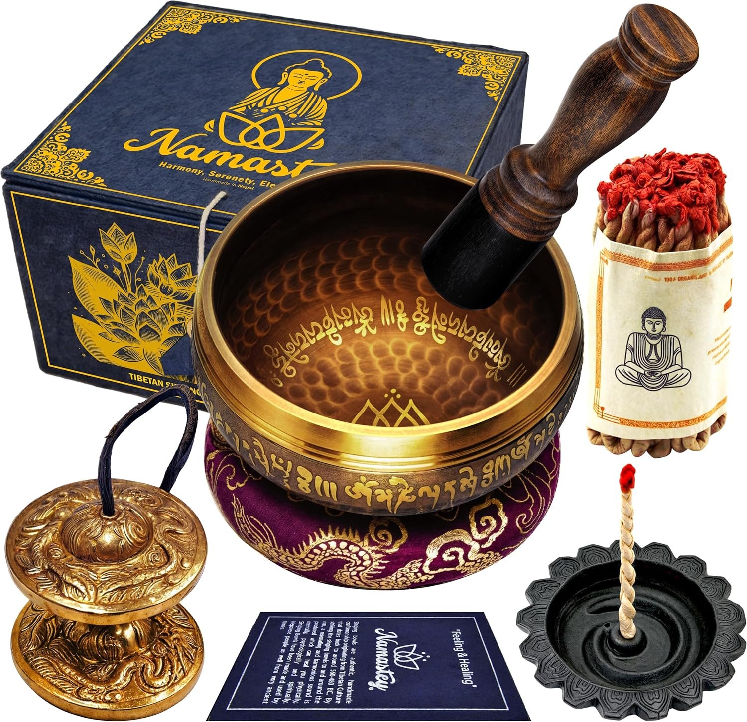 Set de cuenco tibetano Ø10 cm. martilleado a mano, campanas tibetanas Tingsha, quemador e incienso de cuerda en caja de Lokta. Accesorios de meditación y yoga. Hecho a mano en Nepal NAMASTEY® – Set de Cuenco Tibetano