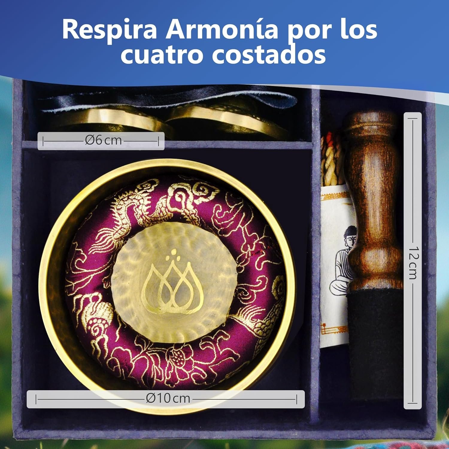 Set de cuenco tibetano Ø10 cm. martilleado a mano, campanas tibetanas Tingsha, quemador e incienso de cuerda en caja de Lokta. Accesorios de meditación y yoga. Hecho a mano en Nepal Set de cuenco tibetano Ø10 cm. martilleado a mano, campanas tibetanas Tingsha, quemador e incienso de cuerda en caja de Lokta. Accesorios de meditación y yoga. Hecho a mano en Nepal - Imagen 2