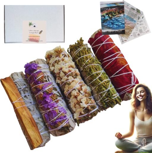 SAMAYZEN - Kit Sahumerios de Salvia Blanca para Quemar con Sinuata Blanca, Ruda, Morada, Salvia con pétalos de Rosa y Salvia con Palo Santo – Incienso Natural para Meditación y Limpieza Energética