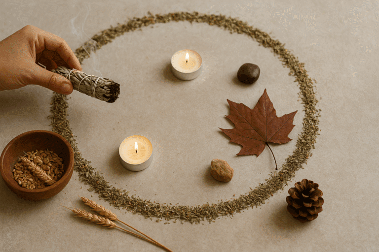 Ritual de círculo de gratitud con elementos naturales 
