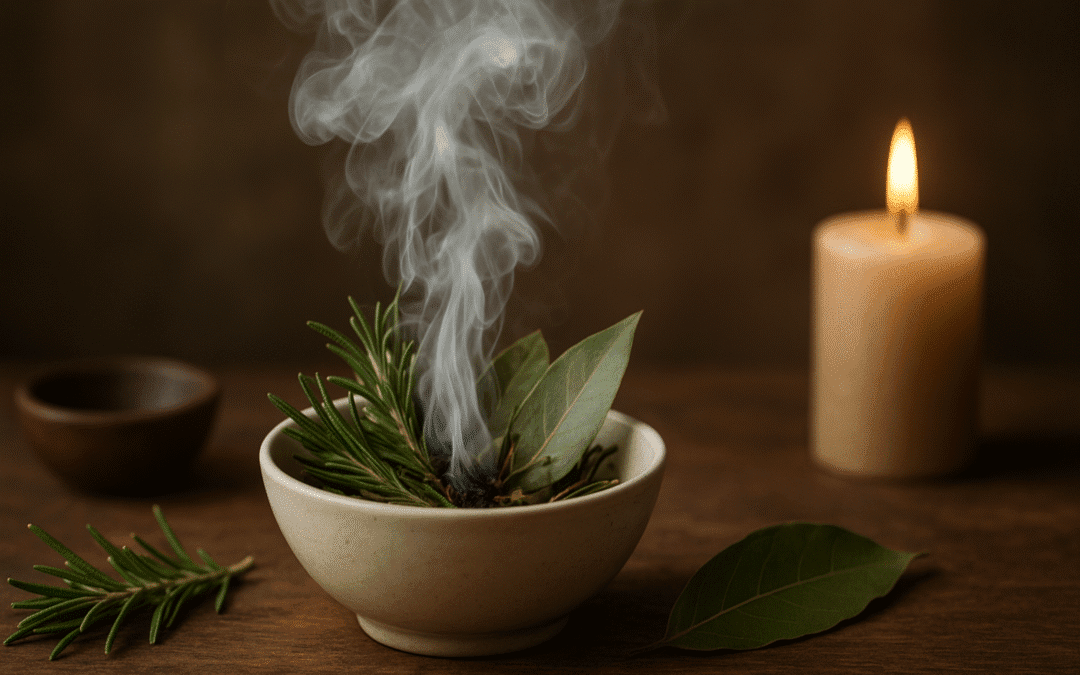 Ritual de limpieza energética con humo de romero y laurel 