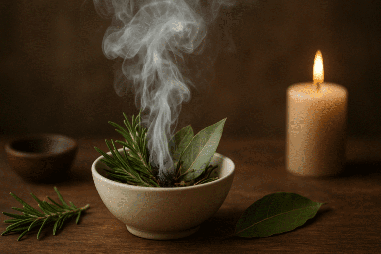 Ritual de limpieza energética con humo de romero y laurel 